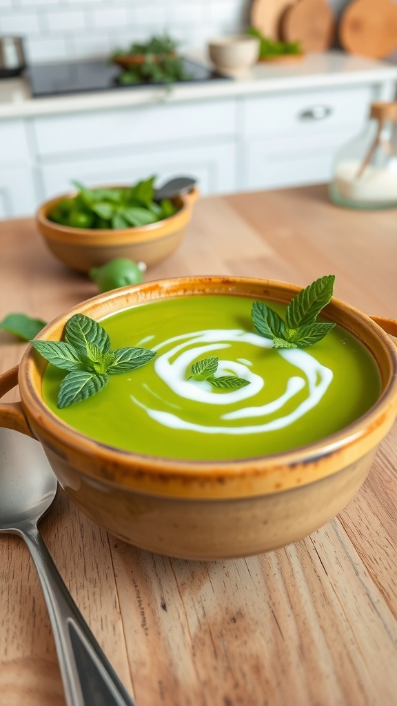 A bright green bowl of pea and mint soup garnished with mint leaves and cream on a rustic wooden table.